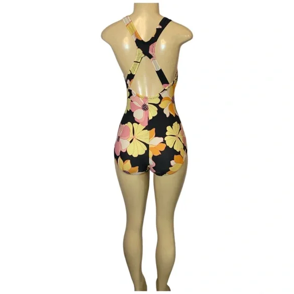 Speedo One Piece Swimsuit Racerback Black Floral Sz 8 Full Coverage UPF 50+ - Picture 6 of 10